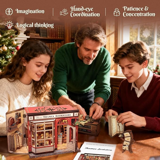 CUTEFUN DIY Book Nook Kit, 3D Puzzle Creative British Library Bookend Bookshelf Decor for Adults Teens, Magic Bookshop Miniature Kit with LED & Dust Cover, Gifts for Book Lovers (Thames Bookstore)