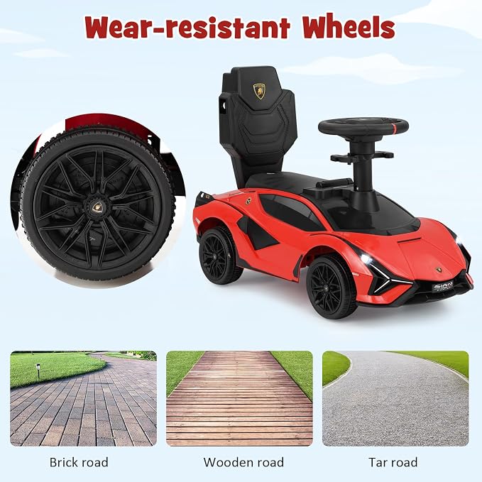 INFANS 3 in 1 Ride on Push Car, Licensed Lamborghini Baby Stroller Sliding Walking Car with Parent Control Handle, Music, USB, Headlight, Under Seat Storage, Foot-to-Floor Toy for 18-60 Months (Red)