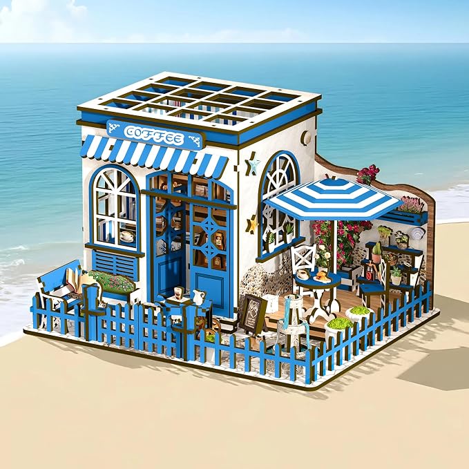 DIY Miniature House Kit, Coffee Shop Book Nook Kit, Mini Building Kit, Dollhouse Kit for Adults and Teens, 3D Wooden Puzzles with LED Light, Craft Kit for Family and Friends(Sunny Coffee Shop)