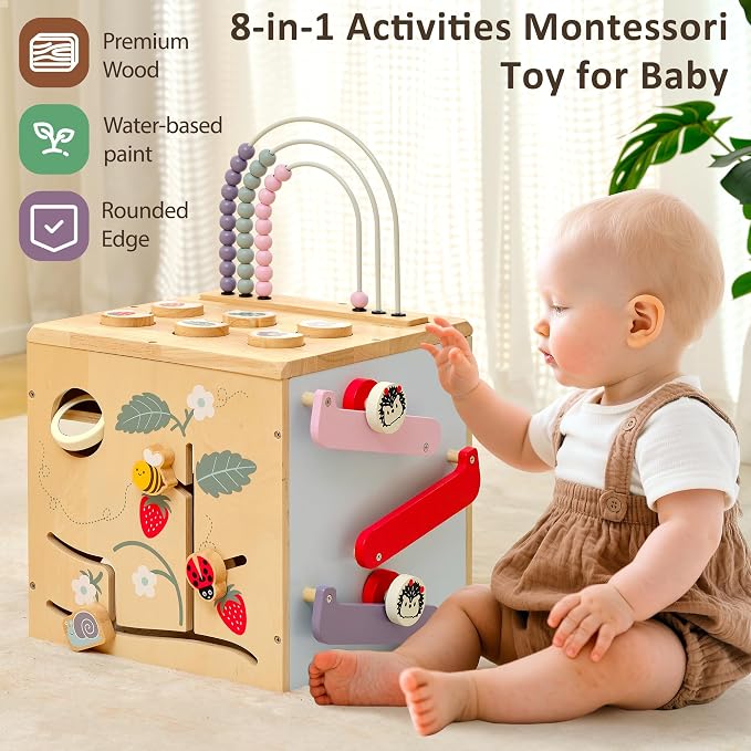 Pillowhale Wooden Activity Cube, Baby Montessori Toys for 1 Year Old | 8 in 1 Activity Center with Bead Maze, Shape Sorter, Sliding Tracks & Clock, Educational Learning Toys, 19.5"X11.6"X11.6"