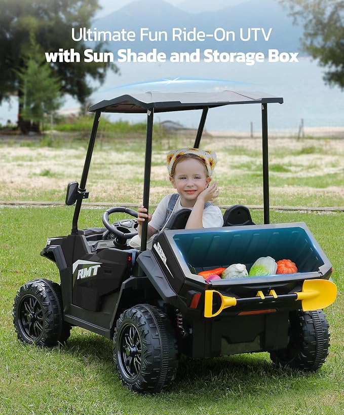 ELEMARA 24V Ride on Toy for Big Kids,Ride on Car 2 Seater w/Sun Shade,Dump Bed & Shovel,4.5MPH,4WD Electric Car for Kids,Battery Car w/Remote,Kids Ride on Truck,3 Speeds,LED Lights,Bluetooth, Black