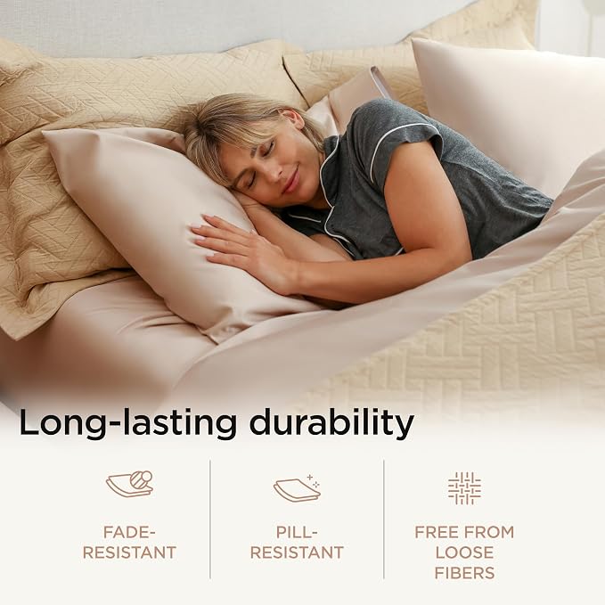 Threadmill 100% Cotton Sheets for King Size Bed - 600 Thread Count King Bed Sheets Set with 16” Deep Pocket - Sateen Weave 4-Piece Bedding Set with Cooling Effect, Beige