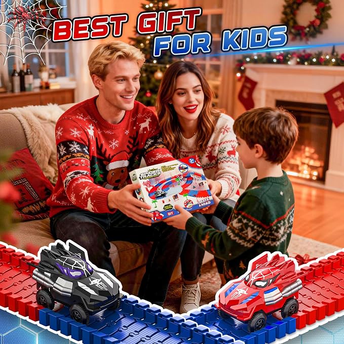 Spider Race Track Toys for Boys 4-6 - Monster Truck Toys for 3 4 5 6 7 8 Year Old Boys Girls, Toddler Tracks Playset with 2 Electric Spider Cars, Kids Christmas Birthday Gifts Age 3-4 3-5 6-8 (212PCS)