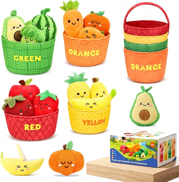Montessori Baby Sensory Toys 6-12 Months - 16PCS Soft Plush Fruits & Vegetables Basket with Crinkle, Rattle & Color Sorting, Fine Motor Skills Learning Toy for 1 Year Old Toddlers Boys Girls