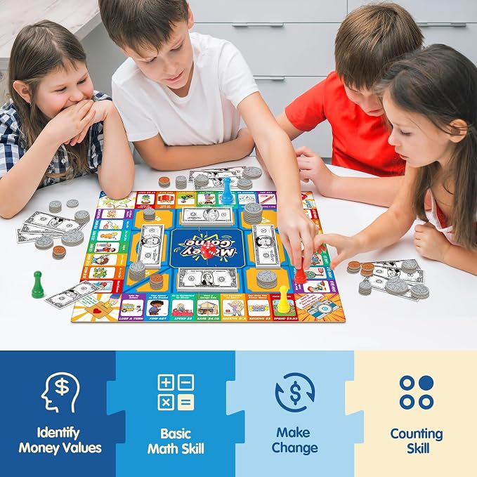 Torlam Money Board Games for Kids, Coins and Bills Toddler Pretend Play Toys, Money for Kids Learning Education Kindergarten Math Games Math Manipulatives, Homeschool Supplies Classroom Must Haves