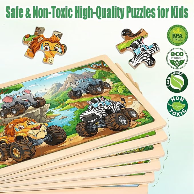 Puzzles for Kids Ages 3-5, Wooden Monster Truck Puzzles for Kids, 24 Piece Wooden Jigsaw Puzzles for Toddlers, Wood Puzzles for Kids Ages 4-6, Easter Basket Stuffers Gifts for Kids