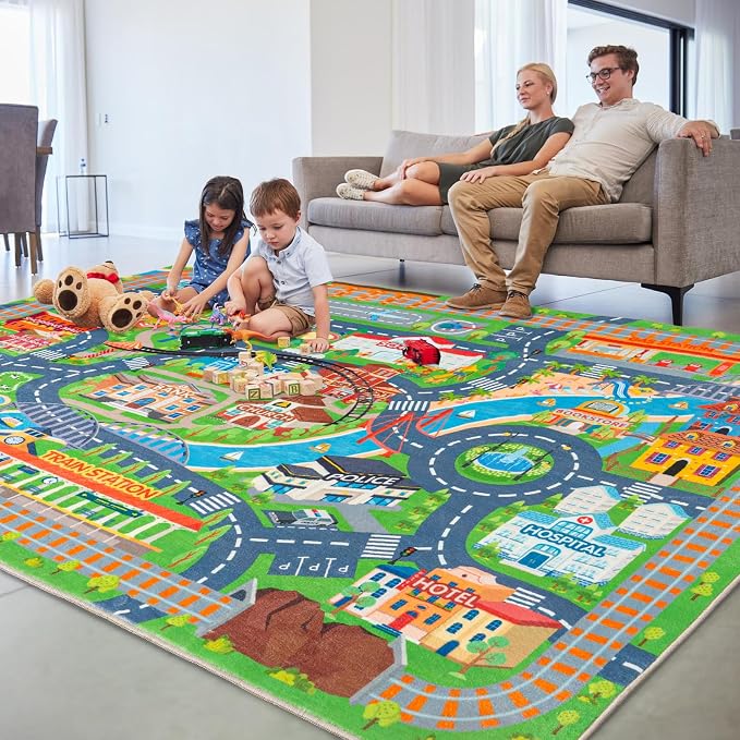 Car Rug Play Mat for Kids Toy Cars, 2 Packs 3'x4'/ 36"x48" Road Traffic Playmat for Kid Bedroom, Non-Slip Machine Washable Town City Race Track Carpet for Learn and Have Fun