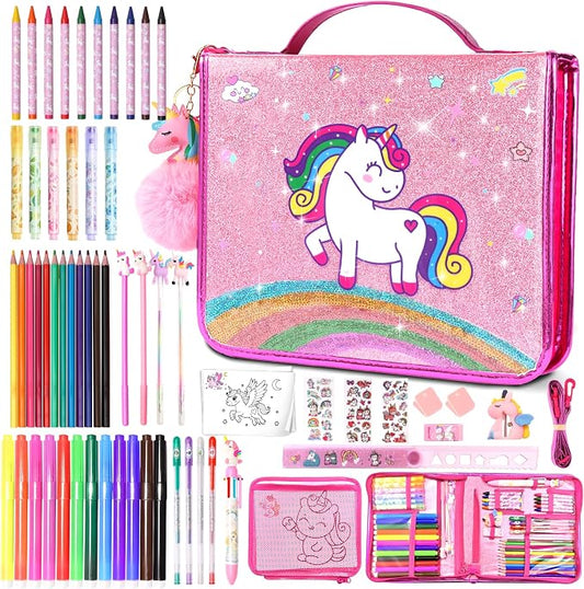 70Pcs Fruit Scented Markers Set - Kawaii Art Supplies with Unicorn Pencil Case, Coloring Set for Kids Include Marker, Pencil, Crayon, Pen, Eraser, Sticker, Unicorn Drawing Kit Birthday Gift for Girls
