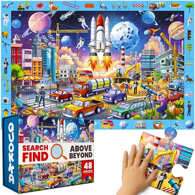 QUOKKA Giant Floor Puzzles for Kids Ages 4-6 – 2x3 Ft Search and Find Jumbo Jigsaw Puzzles for Kids Ages 3-5 – 48 Above and Beyond Future City Scene for 4-8 yo – Toy with Gift Box for Toddlers