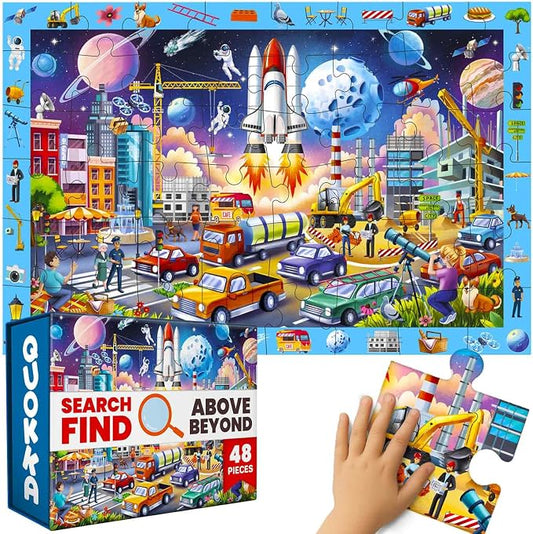 QUOKKA Giant Floor Puzzles for Kids Ages 4-6 – 2x3 Ft Search and Find Jumbo Jigsaw Puzzles for Kids Ages 3-5 – 48 Above and Beyond Future City Scene for 4-8 yo – Toy with Gift Box for Toddlers