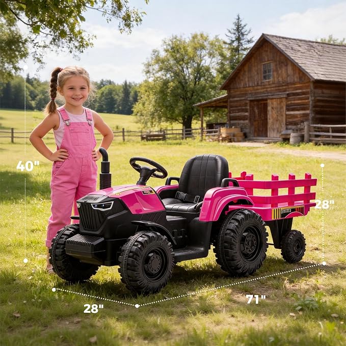 24V Kids Ride-On Tractor with Trailer, 400W Electric Farm Truck with Remote & Pedal Control, Headlights, USB MP3, Power Display, Adjustable Speeds, Safety Belt, Ride-On Toy Gift, Magenta