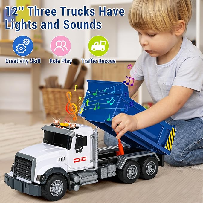 3 Pack 12'' Large Trucks Toy Set,Transport Tow Truck Toy & Dump Trucks and Car Carrier Truck Toys with Lights and Sounds,Friction Powered Movable Parts Kid Boys Toys for 3 4 5 6 7 Years Old