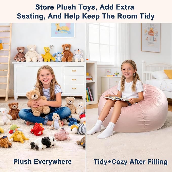 Lukeight Stuffed Animals Storage Bean Bag Chair Cover for Kids, Cozy Velvet Plush Toy Organizer Seat, Cover Only, No Filling Included, Long YKK Zipper, Side Pocket, X-Large 30 x 18 in