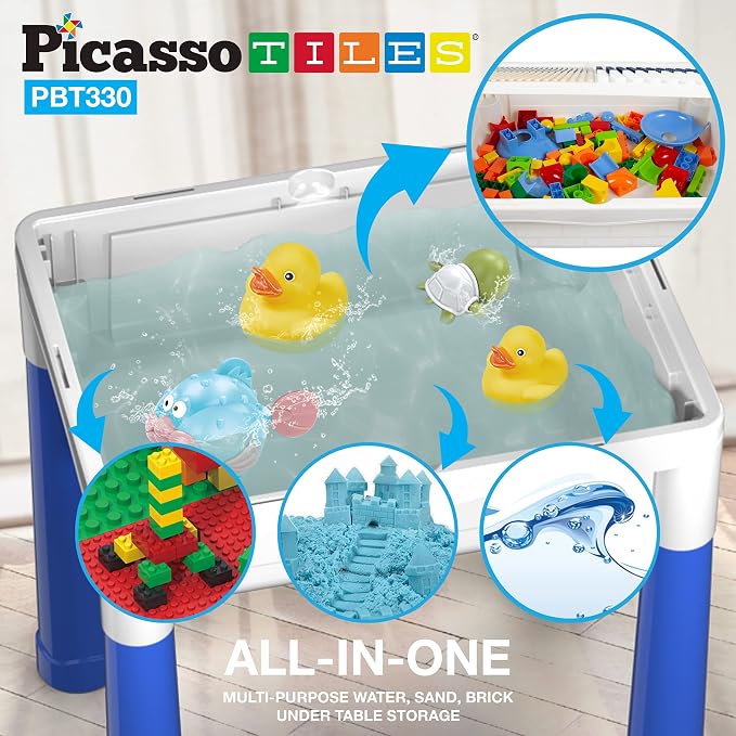 PicassoTiles Vehicle and Action Figure + Activity Center Play Table, Magnetic Pretend Playset, School Bus, Car, Truck, Drivers, Study Desk Sandbox Water Tight Storage All-in-1 331pc Blocks Marble Run