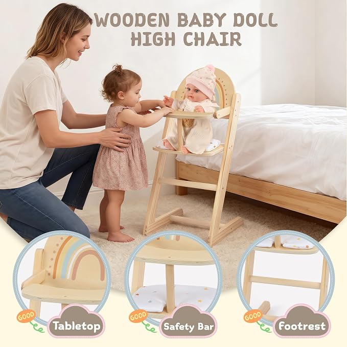 Freniland Wooden Doll High Chair with Cushion, Pretend Play Baby Doll Feeding Chair, Fits 18–20 Inch Dolls, Natural Wood Color for Girls Ages 3+
