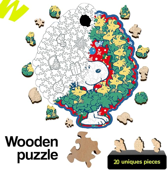 Peanuts Christmas Snoopy Puzzles for Adults – Wooden Puzzle, 200 Pieces Unique Shaped Woodstock Jigsaw Puzzles, 5MM Thick, Officially Licensed Merchandise – Merry Moments Together, 11.1" x 13.1"