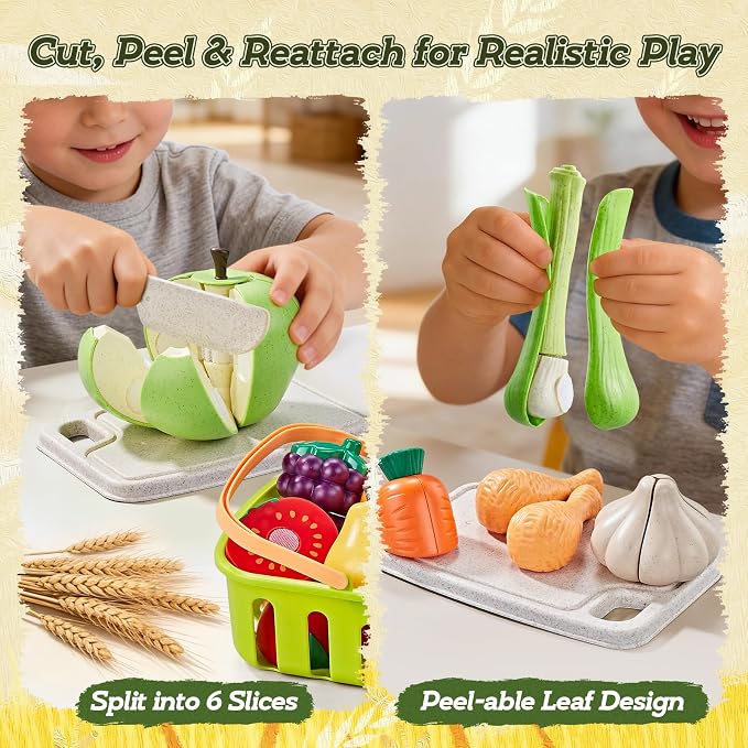 86Pc Wheat Straw Play Food for Kids Kitchen-Toy Food with 2 Baskets & Picnic Blanket, Realistic Cutting Pizza, Grocery Cans, Pretend Play Kitchen Accessories & Toddler Toys for Boys Girls 3+