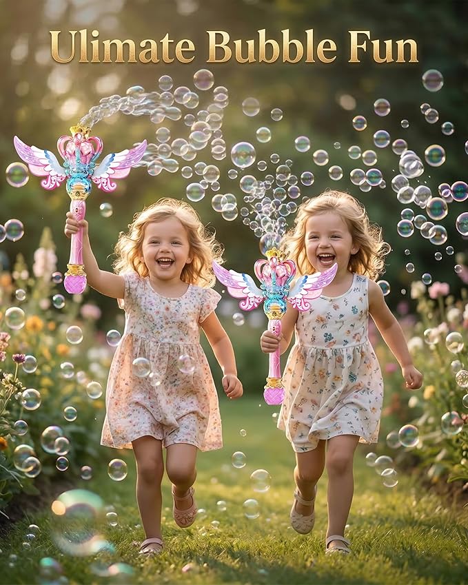 Uregoio Princess Bubble Wand for Girls - Rechargeable Spinning Light Up Magic Fairy Scepter Bubble Machine Toy with 12 Bubble Refills & Music, Birthday Gift for Kids Toddlers Age 3-8 (Pink)