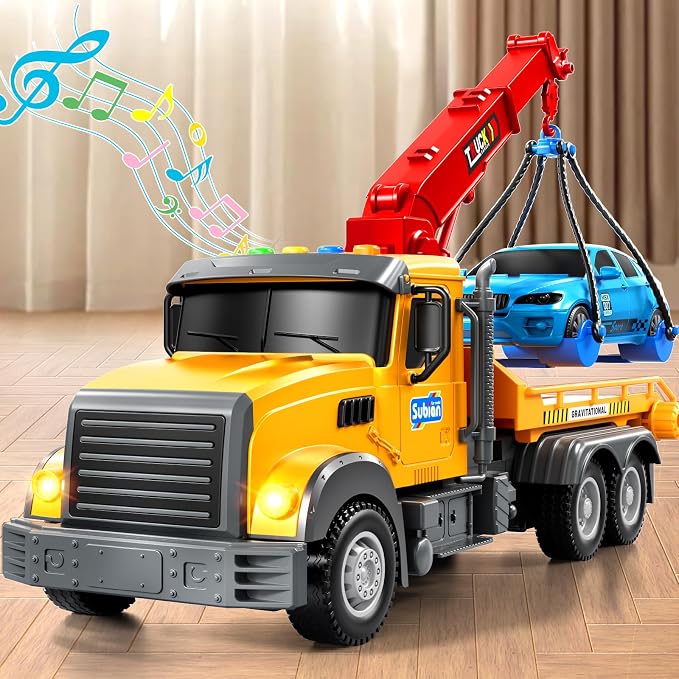 JUKUDAHU Tow Trucks for Toddlers 2-4 Years Old - Flatbed Truck Toy for Kids Aged 3-5 4-8,Friction Powered Transport Crane Toy with Light and Sound, Racing Car, Birthday Gifts for Boys Girls