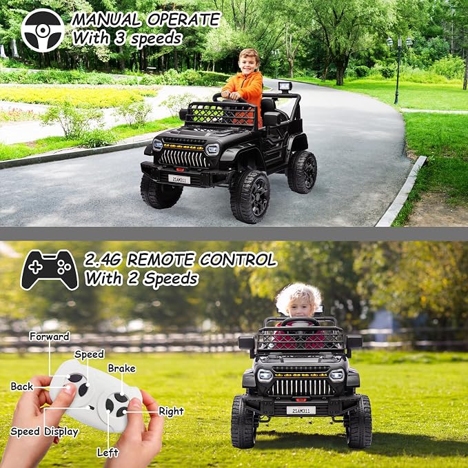 GarveeLife 12V Kids Ride On Truck Electric Vehicle Battery Powered Car Toddlers Ride On Toy for Boys Girls with Remote Control, 4-Wheel Suspension, Battery Display, LED Lights, Music, Black