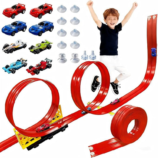 16.5 Ft Flexible Race Track for Kids, Portable DIY Roll-Up Racetrack Set Compatible with Diecast 1/64th Cars - Includes 8 Racing Cars & Super-Grip Gravity Ramp, Birthday Gift for Boys Girls 3-8, Red