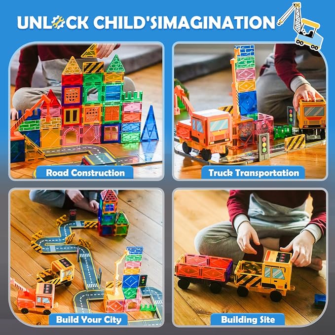 Soyee 102 PCS Magnetic Tiles with 2 Cars & 2 Cranes Magnet Construction Building Kids Toys for Creative Play and STEM Learning Boys Toys & Gifts for 3-12