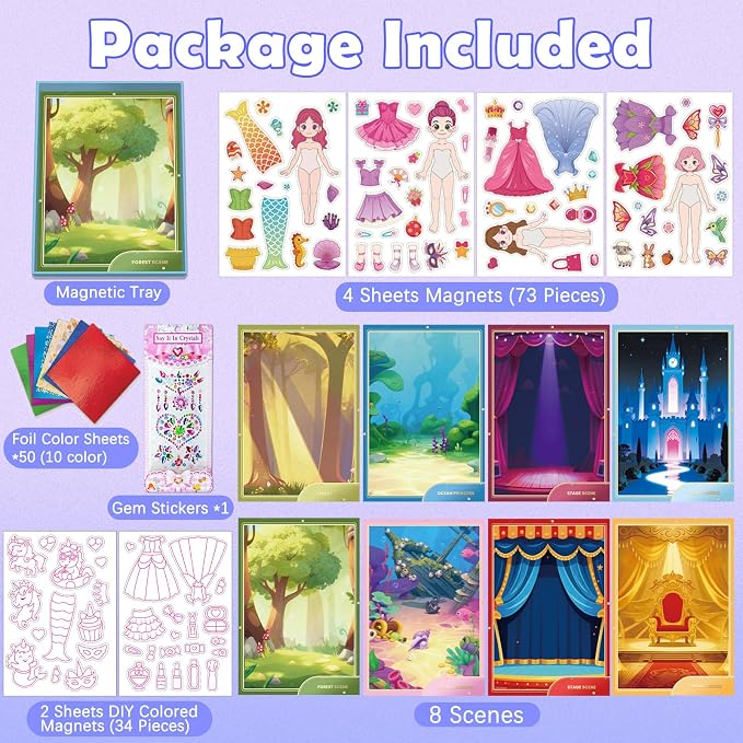 SOOVSY Magnetic Dress Up Dolls for Girls Ages 4-8, Princess Mermaid Fairy Ballerina Dress-Up Magnets with DIY Foil Art Craft Kit, Screen-Free Travel Activity Toy & Creative Gift for Kids