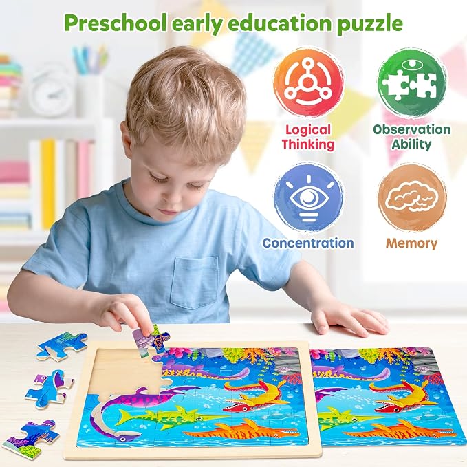 SYNARRY Large Wooden Dinosaur Puzzles for Toddlers 3-5, Wood Puzzles for Kids Ages 4-6, Dinosaur Toys for Kids 3-5, Preschool Educational Learning Toys, Easter Basket Stuffers for Boys Girls