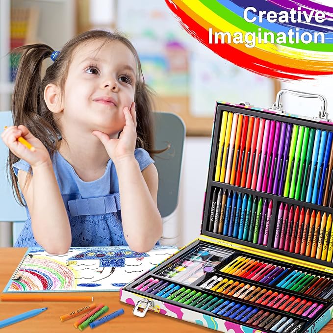 Art Supplies, 180 Pack Drawing Painting Set for Kids Girls Boys Teens, Coloring Art Kit Gift Case with Clipboard, Coloring Papers, Oil Pastels, Crayons, Colored Pencils, Watercolor Cakes, Markers