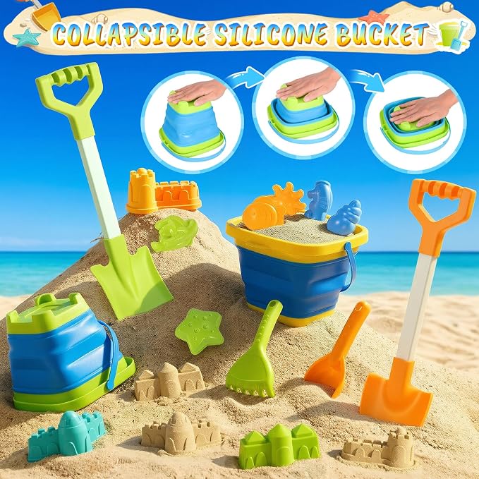 HUITEM Beach Sand Toys for Kids with 20 in Long Beach Shovels, 2 Collapsible Bucket, Sand Castle Building Kit, Sand Molds, Mesh Bag, Travel Sandbox Toys Beach Essentials for Kids Age 3-10
