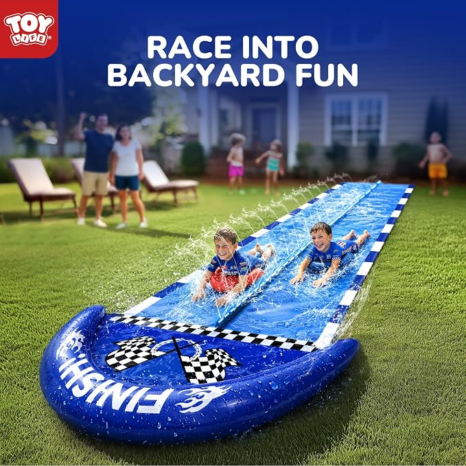 TOY Life Giant Race Car Water Slides for Kids 20Ft Waterslide Backyards Lawn with 2 Bodyboards, 2 Lane Slip Splash and Slide Summer Toys with Built-in Sprinkler for Backyard Outdoor Water Toys