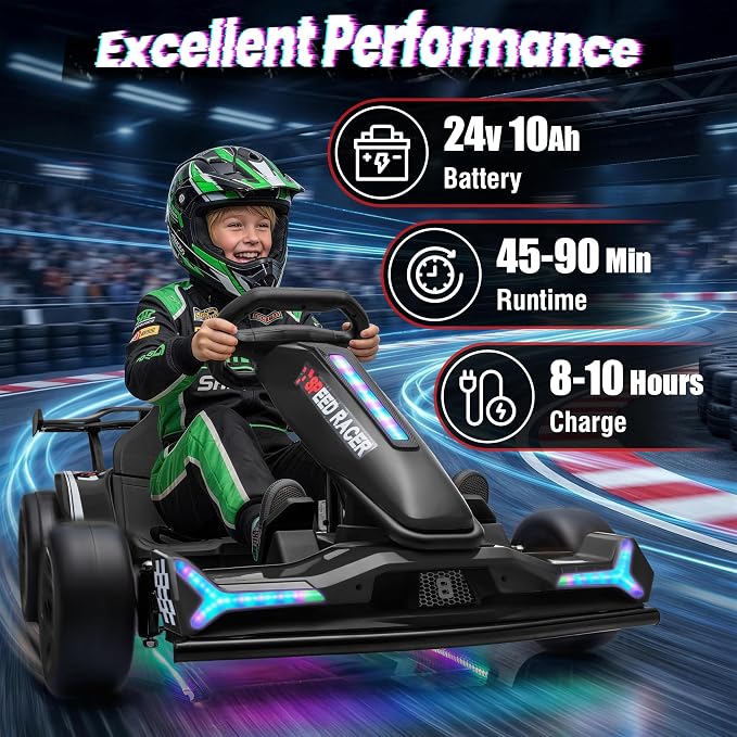 24V Electric Go Kart, Kids Drift Kart with Dual 400W Motors, Length Adjustable Seat, 8.2 MPH Max, 130LBS Max Load, Outdoor Ride on Toy Crazy Kart w/Bluetooth Music, Rainbow Light