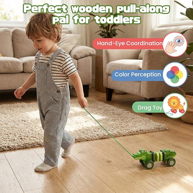 Baby Toys Car,Wooden Pull Along Toddler Toy, Developmental Toy for 1 Year Old Girl Boy Birthday Gift (Crocodile)