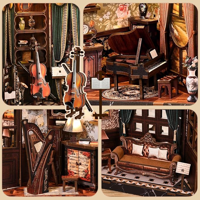 DIY Miniature House Kit, Book Nook Kit, A Scene on Every Side, 3D Wooden Puzzles Bookshelf Craft Kits, Dollhouse Kit with LED Light, Mini Building Kit for Adults Teen (European Melody Instrument Box)