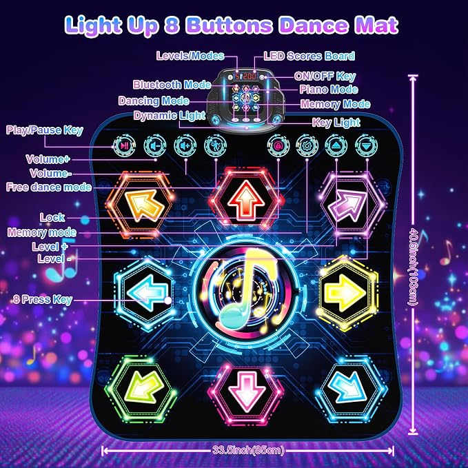 Dance Mat, 2026 Light Up 8-Button Dance Pad with Wireless Bluetooth, Upgraded Flowing Light Control System with Stands, Kids Toys Music Games Birthday for 3-12 Year Old Boys Girls