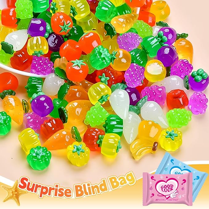 50 Pcs Glow in the Dark Mini Fruit Figurines Blind Bag Set – Resin Luminous Fruits for DIY Crafts, Fairy Garden Accessories, Dollhouse Decor, Mystery Bag Party Favors, Surprise Gift Set