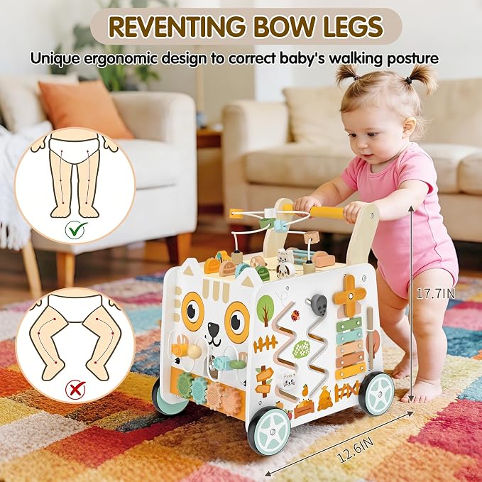 Weilim Wooden Baby Push Walker with Activity Center, Montessori Toy 12M+ | 16-in-1 Bead Maze Shape Sorter Xylophone, Height Adjustable, Non-Slip Wheels, BPA-Free Wood, Toddler Gift for Boys Girls