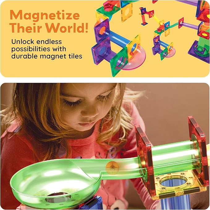 PicassoTiles 108 Pcs Marble Run with Race Track Set with Magnetic Tiles Cars and Marbles STEM Learning Toy 3-in-1 Building Construction Kit for Indoor Activity Development Boys & Girls Ages 3+ PTG108