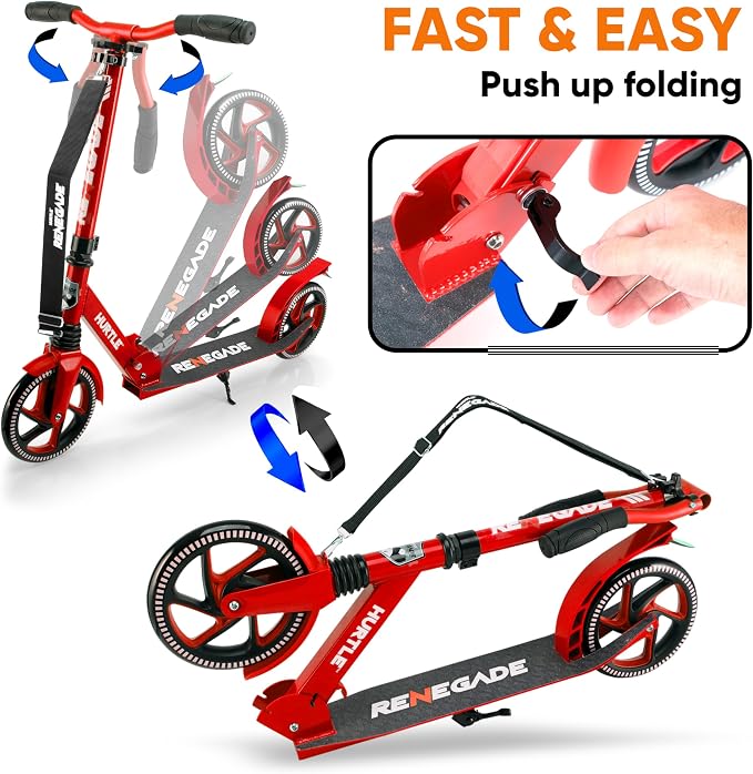 Hurtle Renegade Kick Scooter for Kids, Teenagers & Adults - 2-Wheel Folding Scooter with Adjustable T-Bar Handlebar - Alloy Anti-Slip Deck