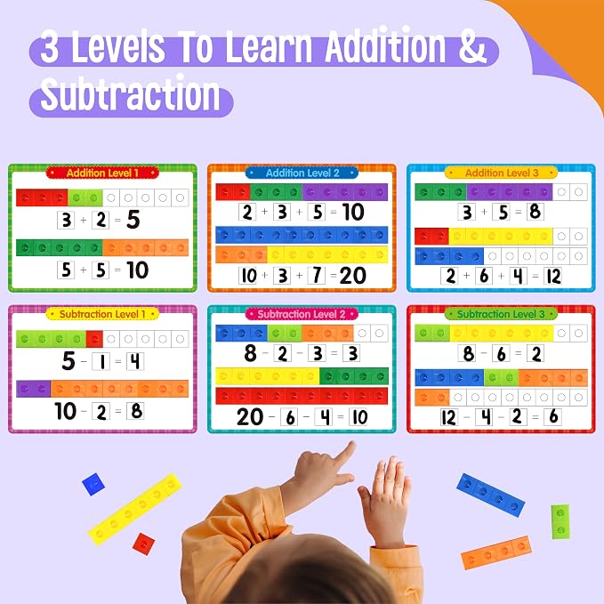 Math Linking Cubes, 100 Math Cube Manipulatives with 30 Learning Activities plus 192 Reusable Stickers, Number Counting Blocks Snap Linking Math Counters, Fun & Educational Pre-K Counting Blocks