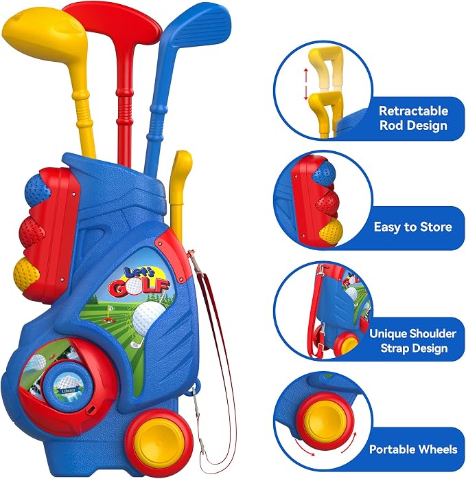 Liberry Toddler Golf Set, Upgraded Kids Golf Cart with Unique Shoulder Strap Design, Indoor Outdoor Sports Toys Gifts for Boys Girls 2 3 4 Years Old
