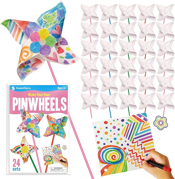 24 Pack DIY Pinwheels Craft for Kids - Summer Spring Crafts for Kids 3-5, 4-6, 4-8 - Fun & Easy Assembly, Bulk STEM Educational Activity for 4th of July, Classroom, Birthday, Party Favor