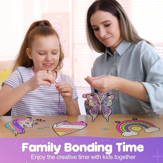 Diamond Painting Suncatcher Kits for Kid: 5PCS Gem Window Art Suncatcher Birthday Gifts Kit for Girls Ages 4 5 6 7 8 9 10 Years Old - DIY Creative Kids' Mosaic Kits Diamond Art Crafts Toys
