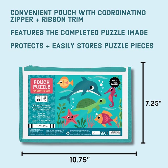 Mudpuppy Under the Sea – 12 Piece Puzzle with Reusable Zipper Pouch Featuring Colorful and Fun Illustrations of Ocean Creatures Perfect for Easy Storage and Travel