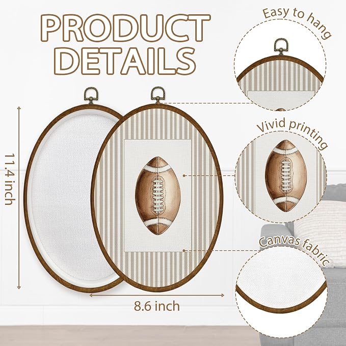WULQYING Football Wall Art Decor, Sports Nursery Oval Framed Canvas Art Prints, Neutral Striped Classic Rugby Football Wall Hanging Decor for Kids Nursery Boys Home Bedroom Sport Room, 8.6x11.4 Inches