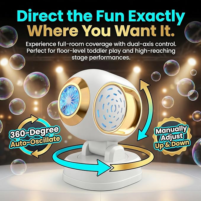 KYWYOYOU White Stage Bubble Machine for Wedding Parties, Rechargeable Maker | Automatic rotating blower with adjustable head for kids, toddlers & outdoor play. Includes 10 professional solution refills.