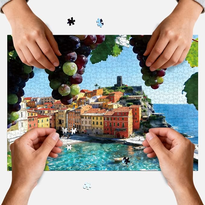 1000 Piece Jigsaw Puzzle for Adults, Summer Sea of Glass Puzzles | Italian Riviera Coastal Village with Grapes, Mediterranean Landscape Wall Decor & Travel Lover Gift, 27.56 x 19.7 Inches
