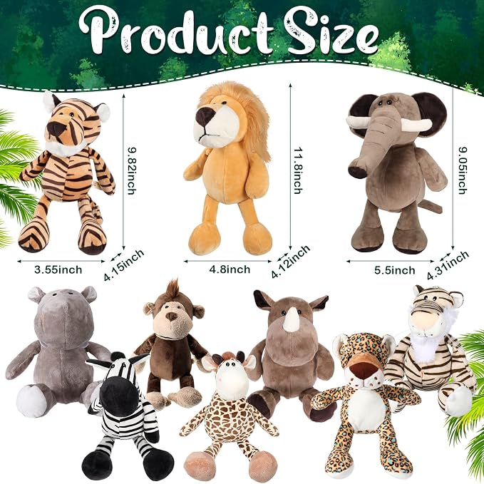 HyDren 10 Pieces 9 Inches Safari Stuffed Animals Set and Elephant Giraffe Lion Tiger Monkey Rhinoceros Zebra Leopard Hippo for Shower Jungle Animal(Classic)