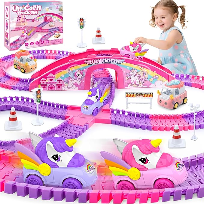 Aetyni Girls Toy Unicorn Car Track Set for Kids 4-6: Unicorn Monster Truck Race Track with 2 Princess Cars 3 4 5 6 7 8 Year Old Toddler Girl Birthday Gifts Girl Toys Age 4-5 6-7