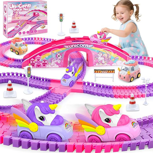 Aetyni Girls Toy Unicorn Car Track Set for Kids 4-6: Unicorn Monster Truck Race Track with 2 Princess Cars 3 4 5 6 7 8 Year Old Toddler Girl Birthday Gifts Girl Toys Age 4-5 6-7